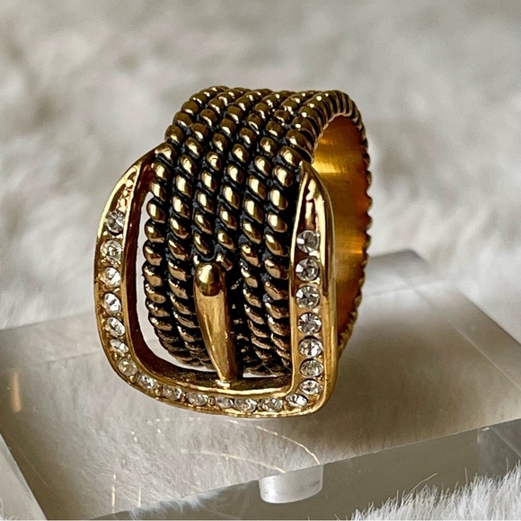 BUCKLE RING Gold Plated with Clear Stone Sz 6 - Picture 2 of 8